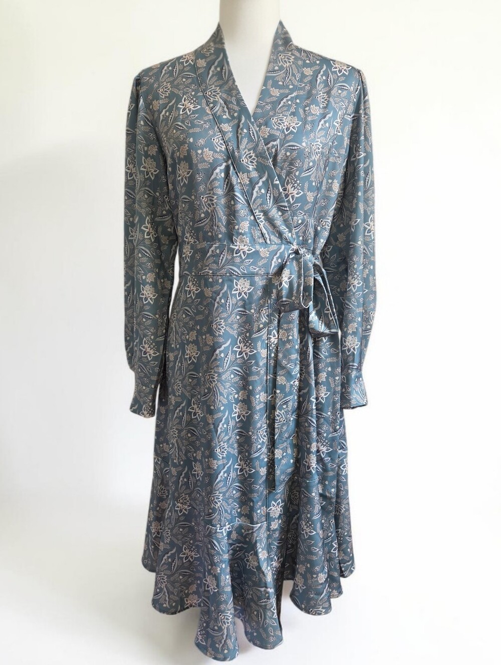 JoFlower Ash Blue Floral Botanical Long Sleeve Midi Wrap Dress Tie Waist, Small